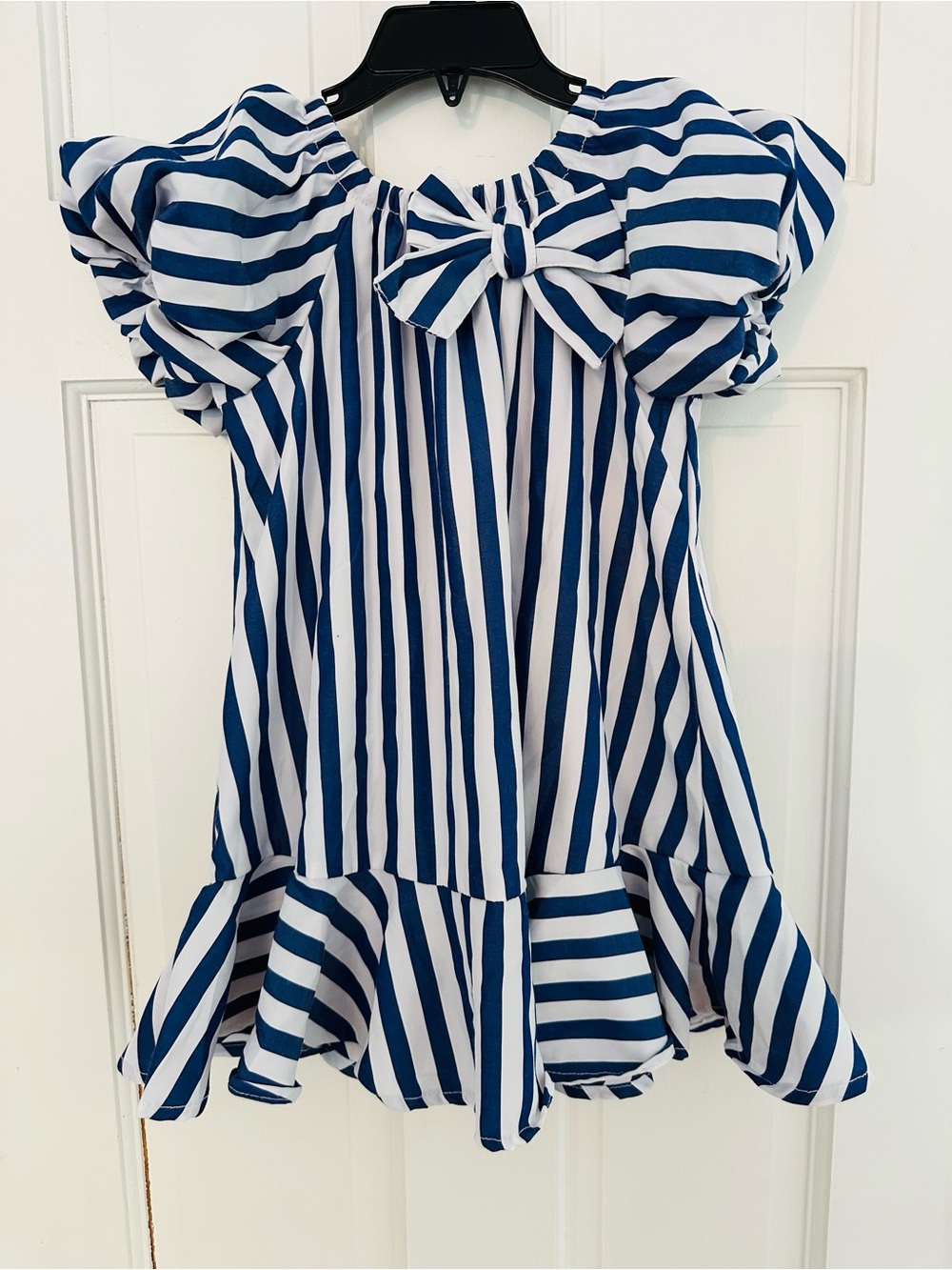 Habitual Navy Blue & White Striped Dress w Bow & Puff Sleeves Sz 3T